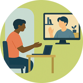 Illustration shows a young dark-skinned man in a peach-colored shirt at his laptop. He is talking to a man on his computer screen in front of him.