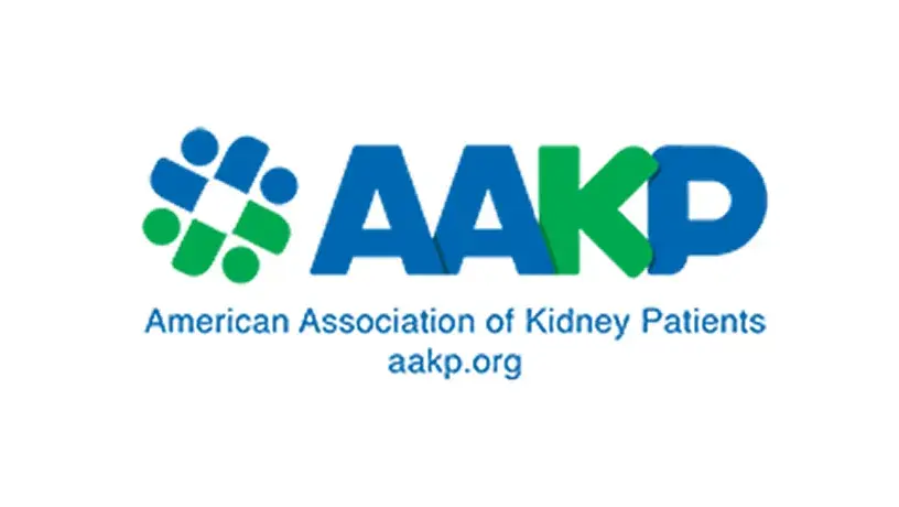 Logo of the American Association of Kidney Patients. It features a circular graphic of blue and green human figures next to the acronym AAKP, with the full organization name and website below.