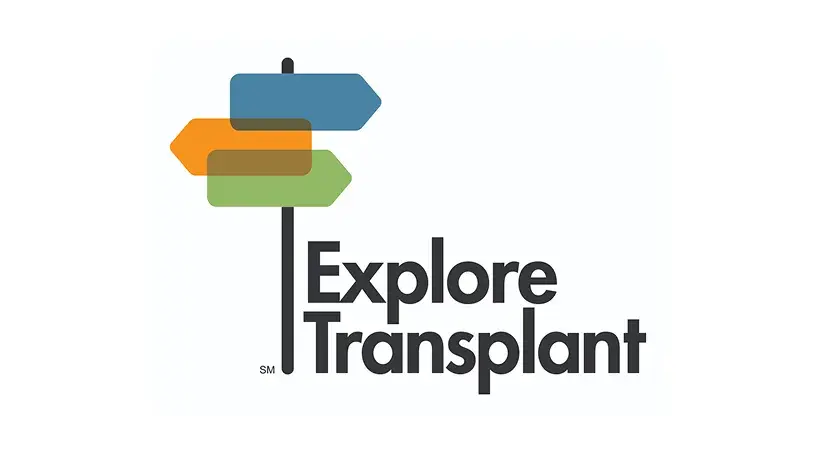 Logo for Explore Transplant. A signpost with blue, orange, and green arrows is next to the stacked words "Explore Transplant" in gray text.