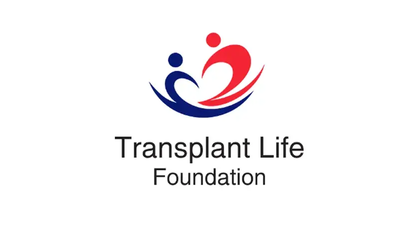 Logo of the Transplant Life Foundation. A graphic of two intertwined figures, one blue and one red, is above the words "Transplant Life Foundation" in dark text.