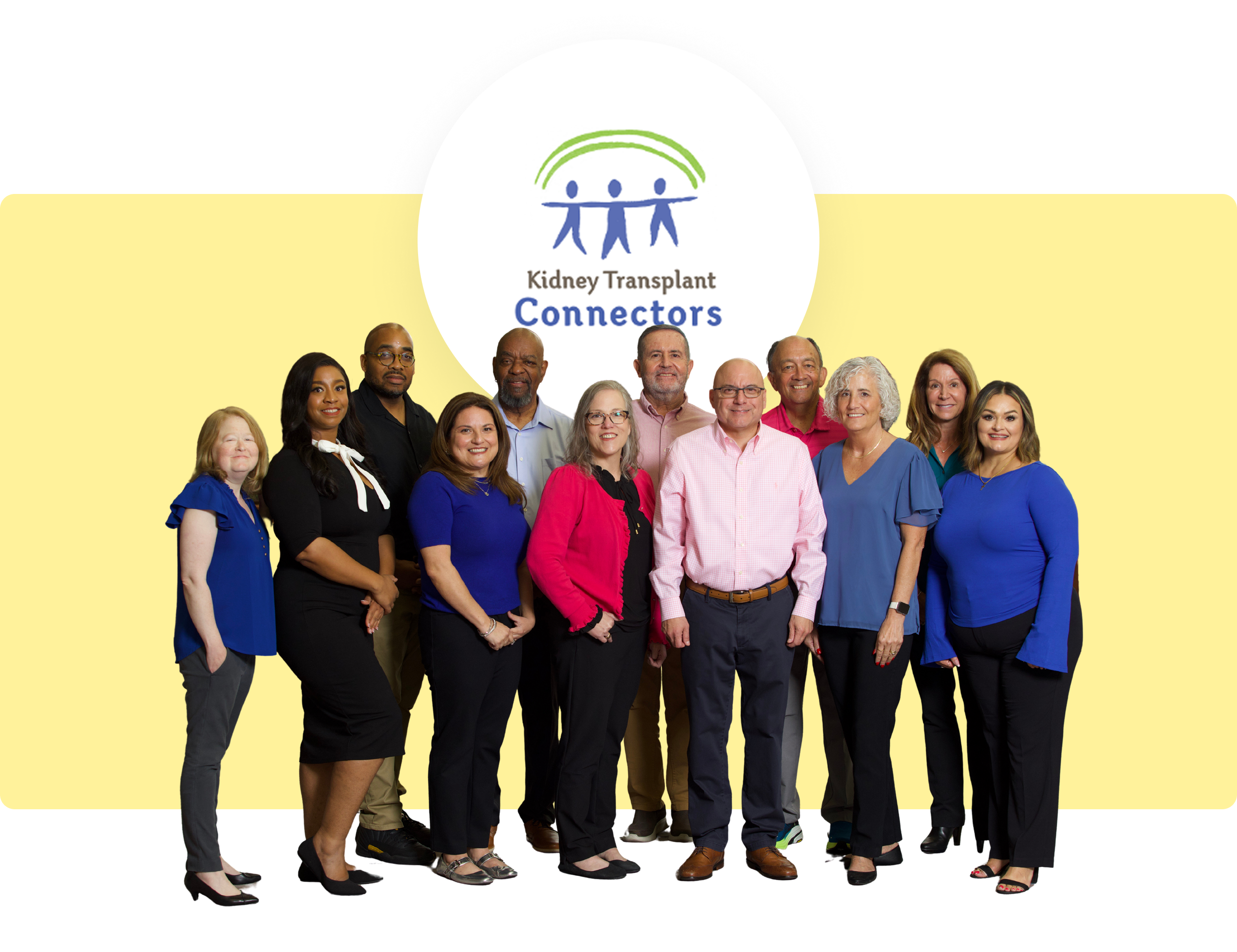 Group photo with the "Kidney Transplant Connectors" logo at the center top, on a yellow background.