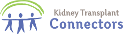 Logo with three stylized blue human figures holding out their arms beneath two green curved lines, next to the text ‘Kidney Transplant Connectors’