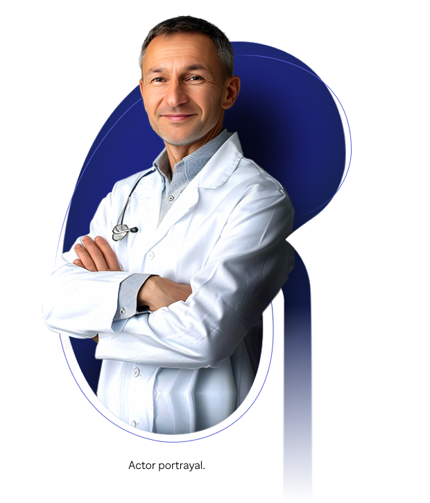 A male healthcare professional wearing a light blue shirt and white lab coat inside a blue kidney-shaped background. Caption below reads, "Actors portrayal."